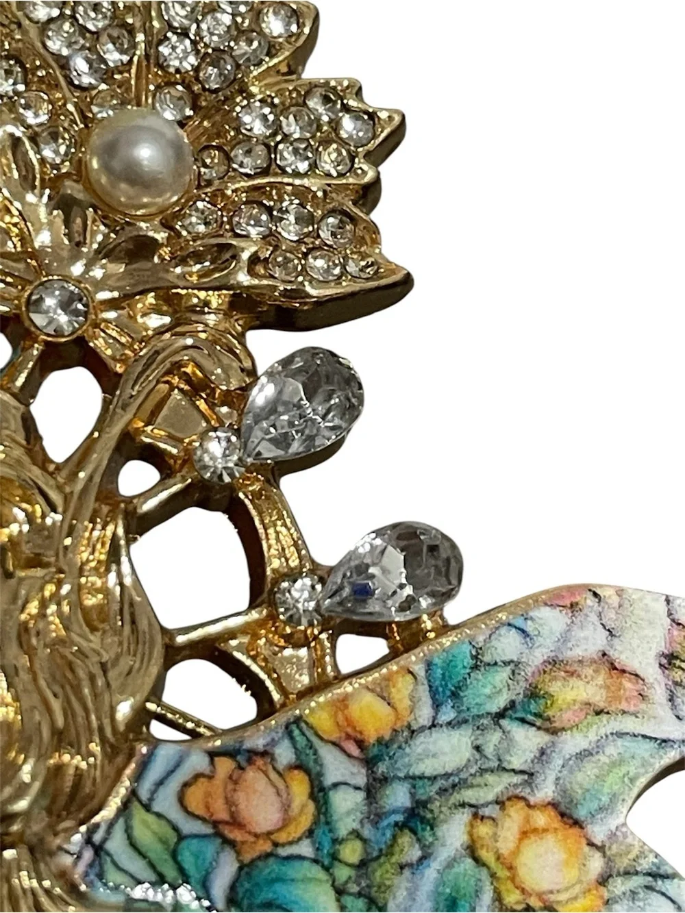 Whimsical Face Brooch with Floral Enamel Wings